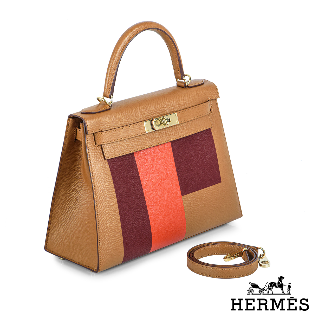 Hermès Kelly 28 Jaune Ambre/Prunoir Sellier Chevre Mysore Brushed Gold —  The French Hunter